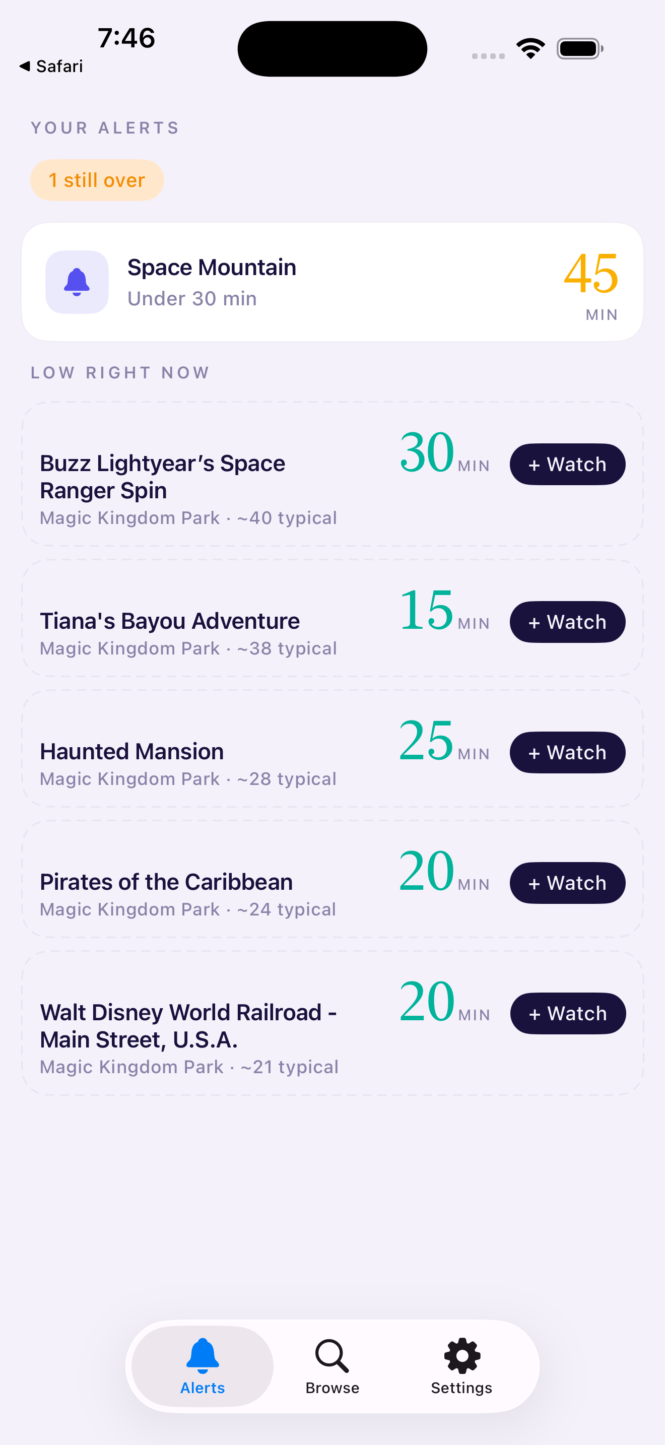 Park Alerts dashboard showing an active Space Mountain alert and short-line suggestions.