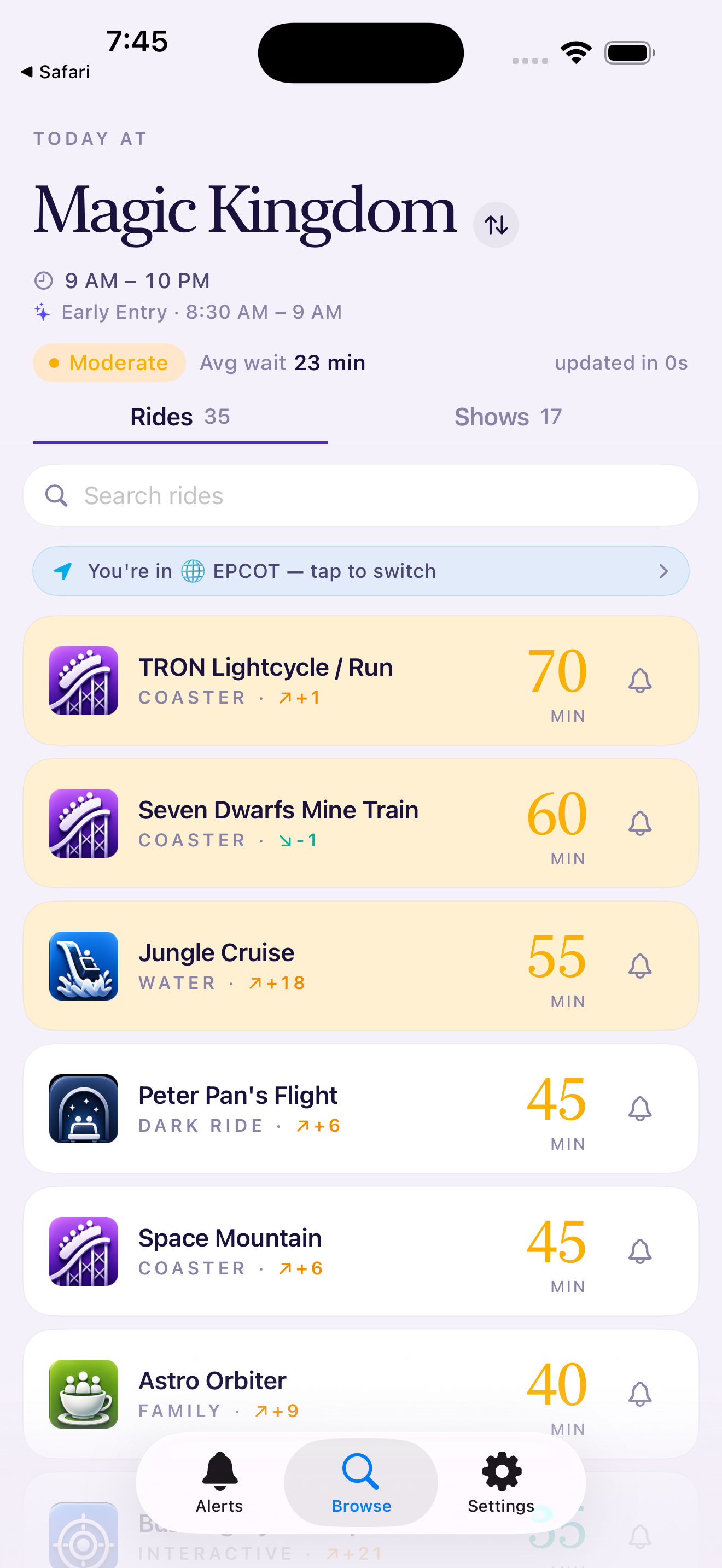 Magic Kingdom browse view with current wait times for every ride.
