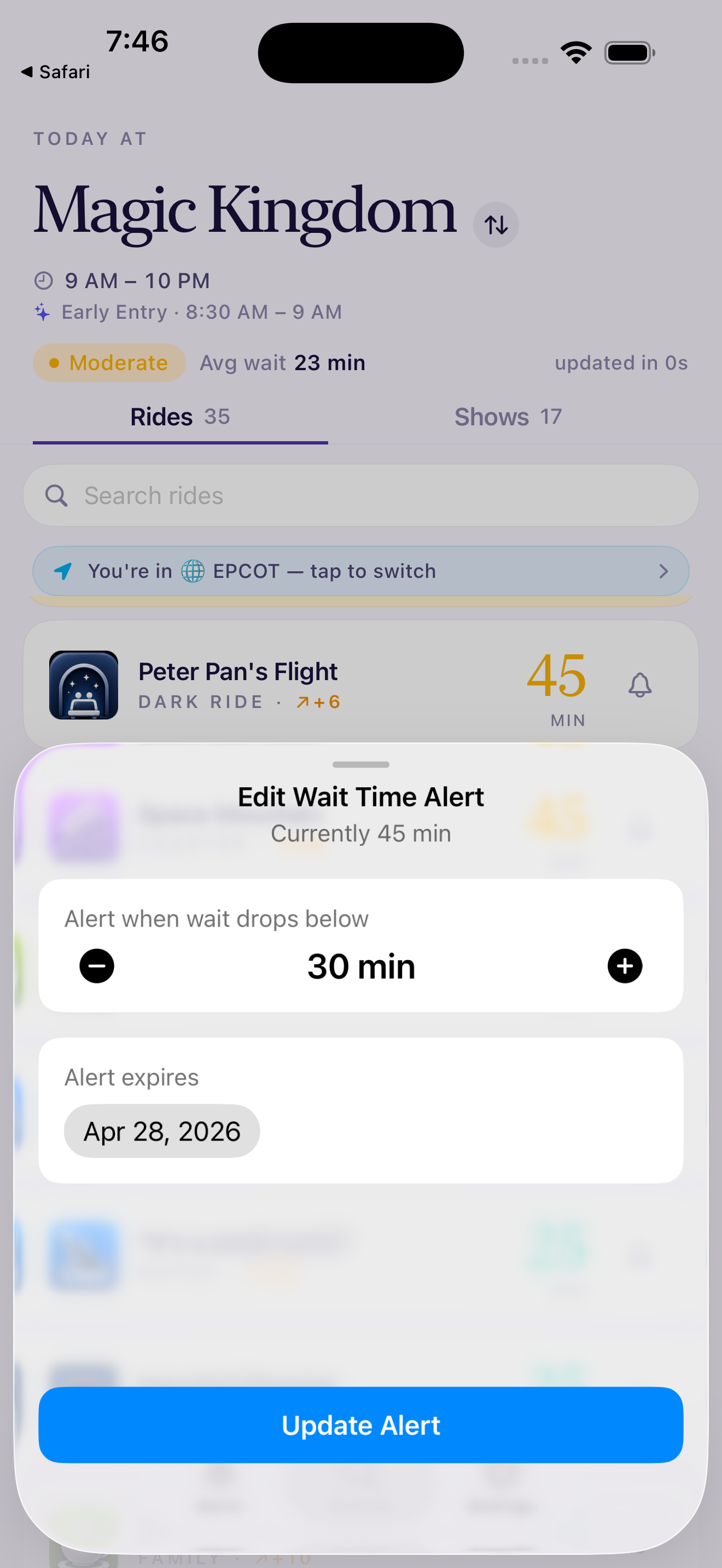 Wait-time alert sheet for Peter Pan's Flight, threshold set to 30 minutes.